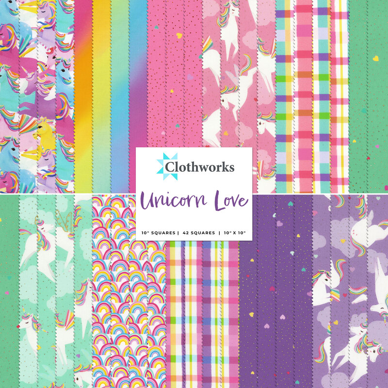 A collage of all the fabrics included in the Unicorn Love 10