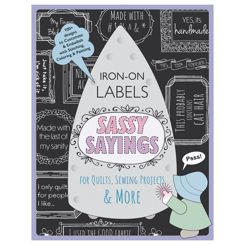 Front of Sassy Sayings Iron-On Labels book, featuring the front of a large iron with outlined labels that are featured inside.