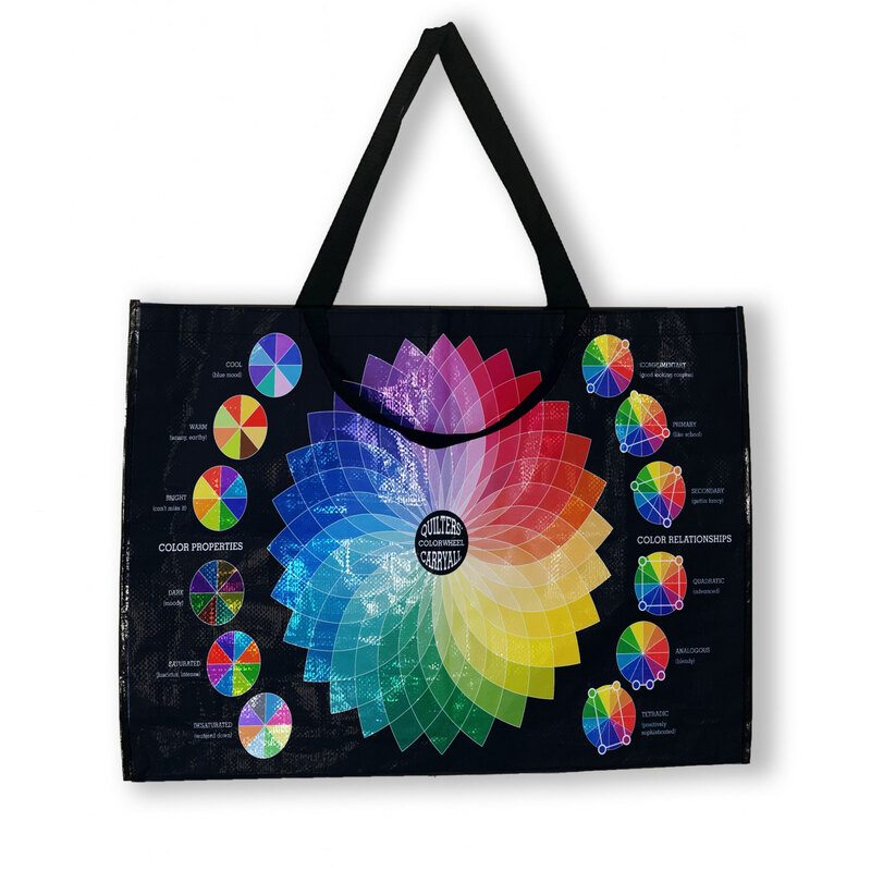 Front of the Color Wheel Carry-All bag showcasing a color wheel in a flower style with complimentary colors on both sides, isolated on a white background.