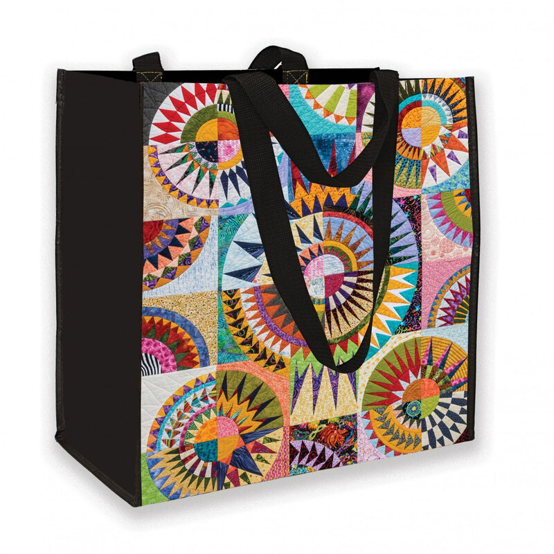 Front of the NY Beauty Tote bag showcasing a colorful sunburst pattern, isolated on a white background.