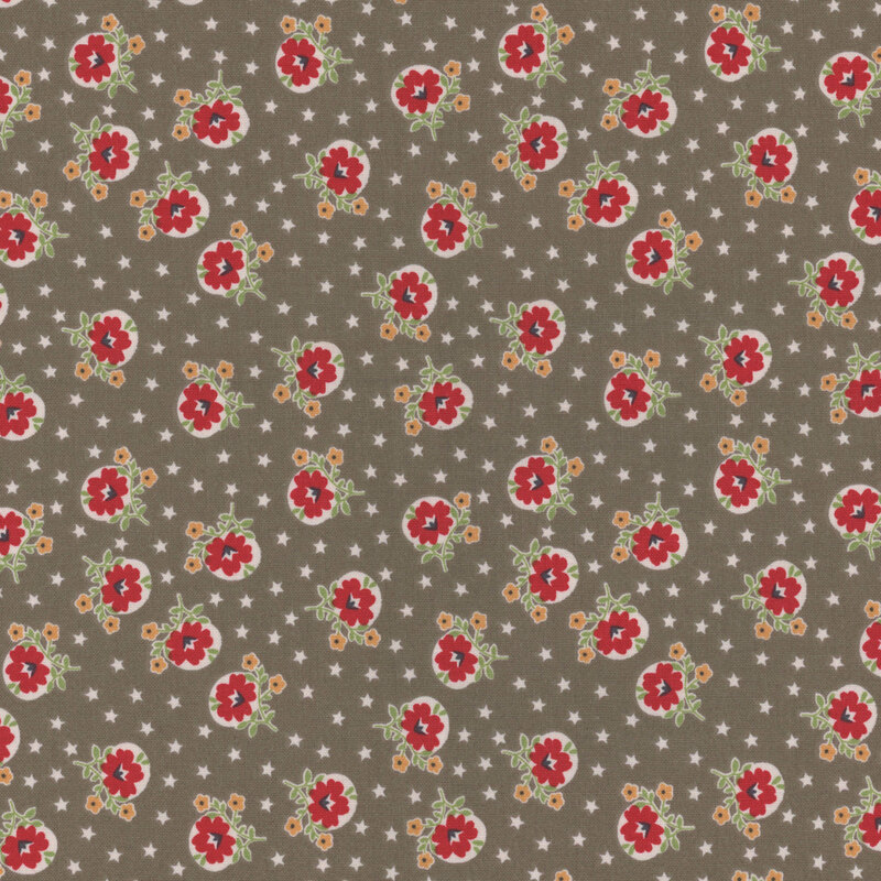 Grey fabric with a ditsy red flower pattern and dotted stars