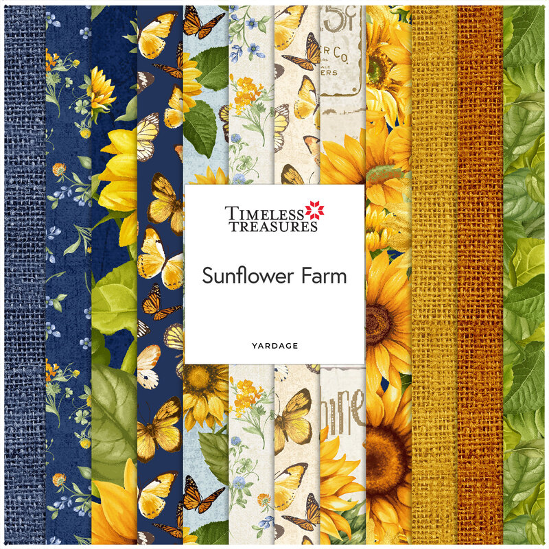 A collage of blue, white, tan, and green summer-themed sunflower fabrics