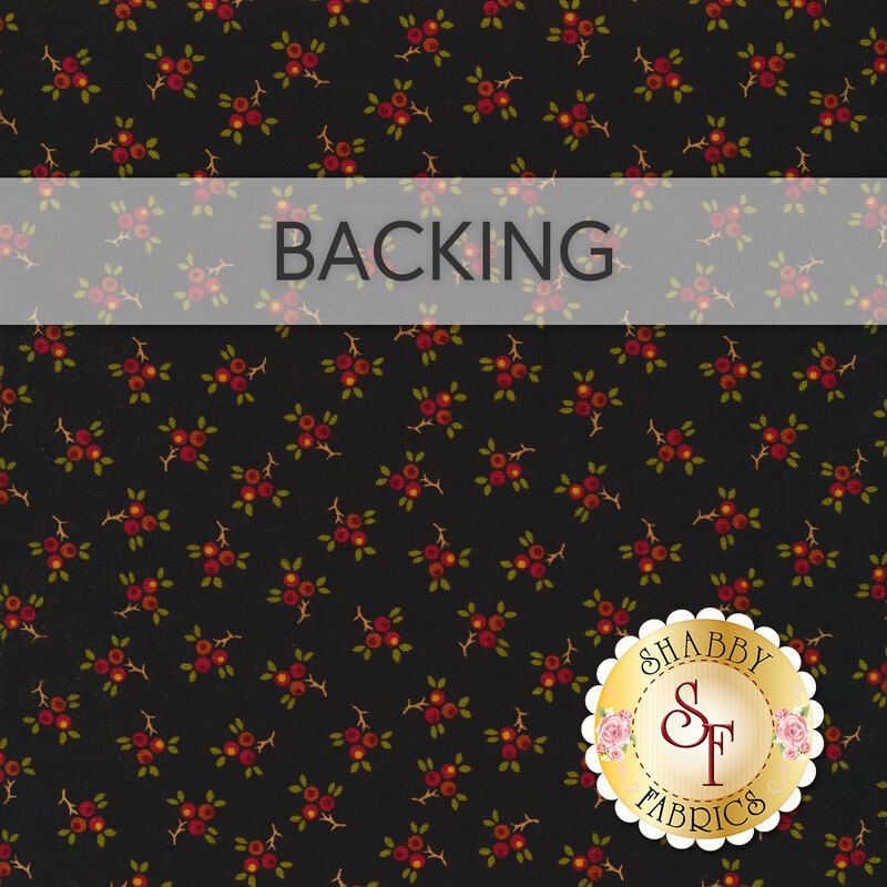 A black fabric with sprigs of clustered red berries. At the top, a rust red banner reads 