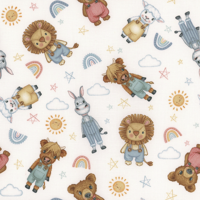 White fabric with tossed baby animals in overalls and pajamas, stars, rainbows, clouds, and suns