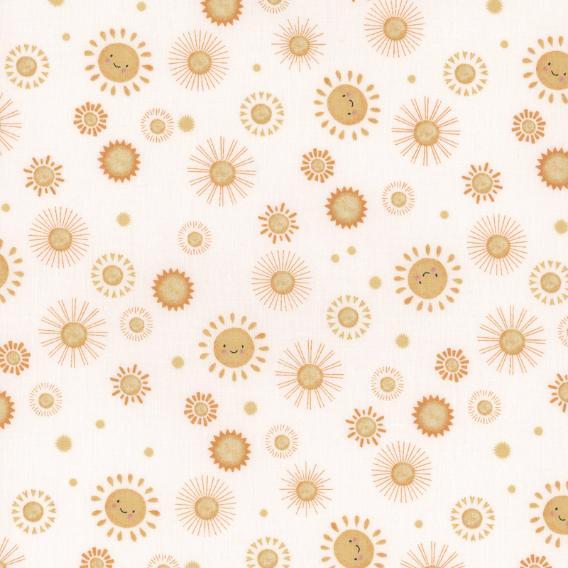 White fabric with tossed smiling suns, and little golden polka dots throughout