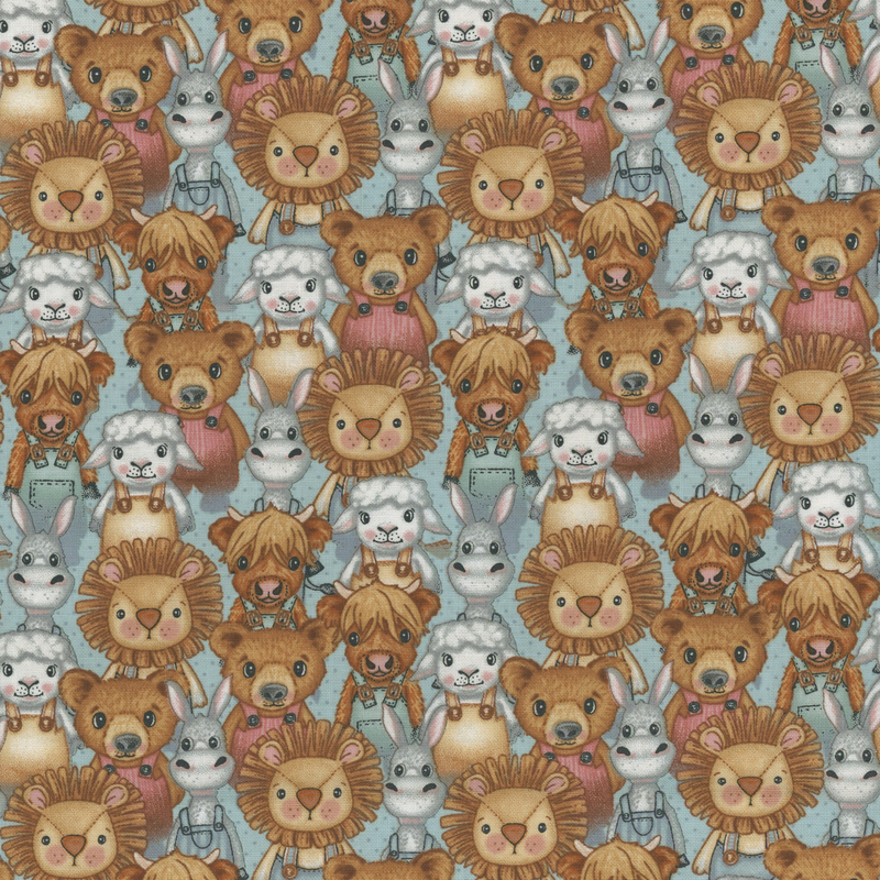 Light blue fabric with packed baby lions, bears, and lambs wearing overalls