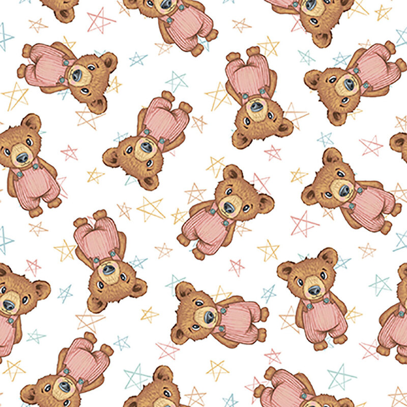 A repeated fabric pattern of cartoon-like bears wearing pink overalls, set against a white background with colorful stars.