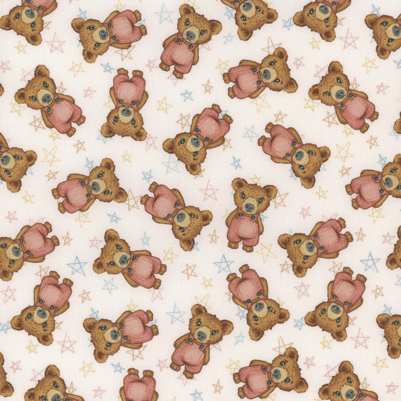 A repeated fabric pattern of cartoon-like bears wearing pink overalls, set against a white background with colorful stars.