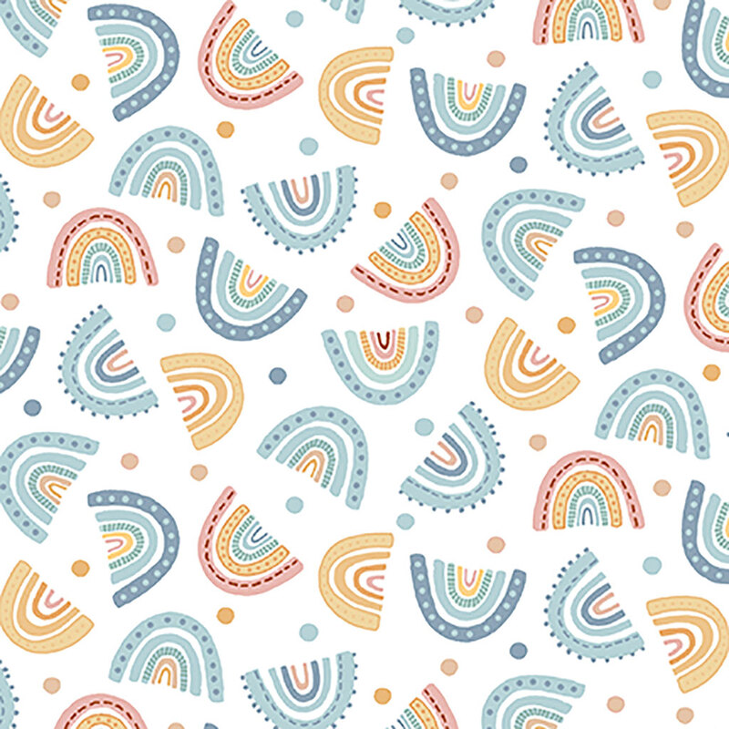 A patterned fabric design featuring various stylized rainbows and colored circles in soft pastel shades of blue, orange, and cream on a white background.