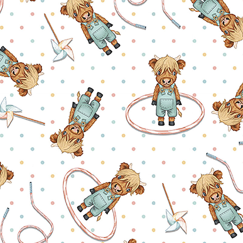 A repeating pattern featuring baby cows dressed in overalls. Some are holding hula hoops and other toys, set against a white background with colorful polka dots.