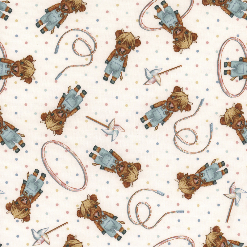 A repeating pattern featuring baby cows dressed in overalls. Some are holding hula hoops and other toys, set against a white background with colorful polka dots.