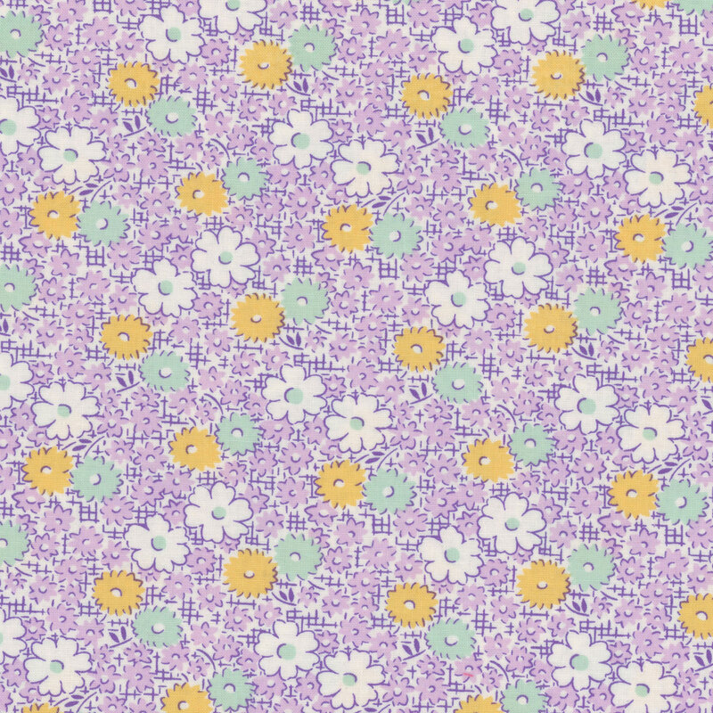 Fabric with mint, yellow, and white flowers with scattered smaller purple flowers on a darker purple crosshatched background.