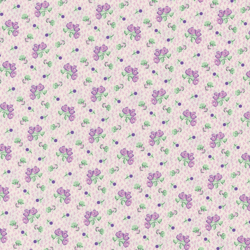 White fabric with neat rows of bundles of purple flowers on a background with scattered purple flower stems.