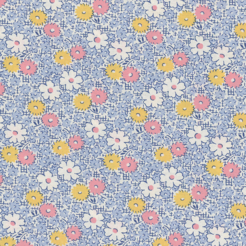 Fabric with pink, yellow, and white flowers with scattered smaller blue flowers on a darker blue crosshatched background.