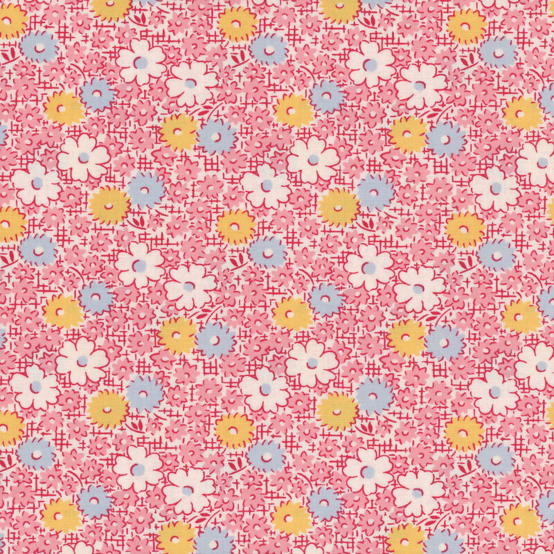 Fabric with blue, yellow, and white flowers with scattered smaller pink flowers on a darker pink crosshatched background.