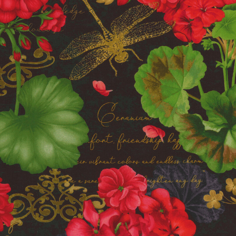 Black fabric with sprigs of red geraniums and gold accents of dragonflies, words, and scroll detailing. 