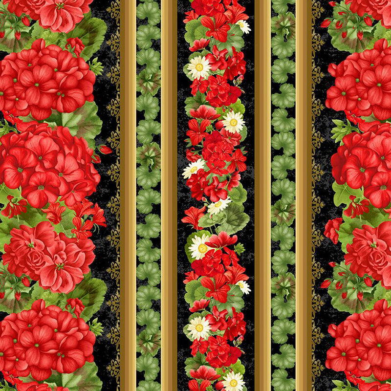 Black border stripe fabric with varied rows of large red geraniums, gold stripes with wide fanning leaves, and bouquets of red geraniums, geranium leaves, and daisies.