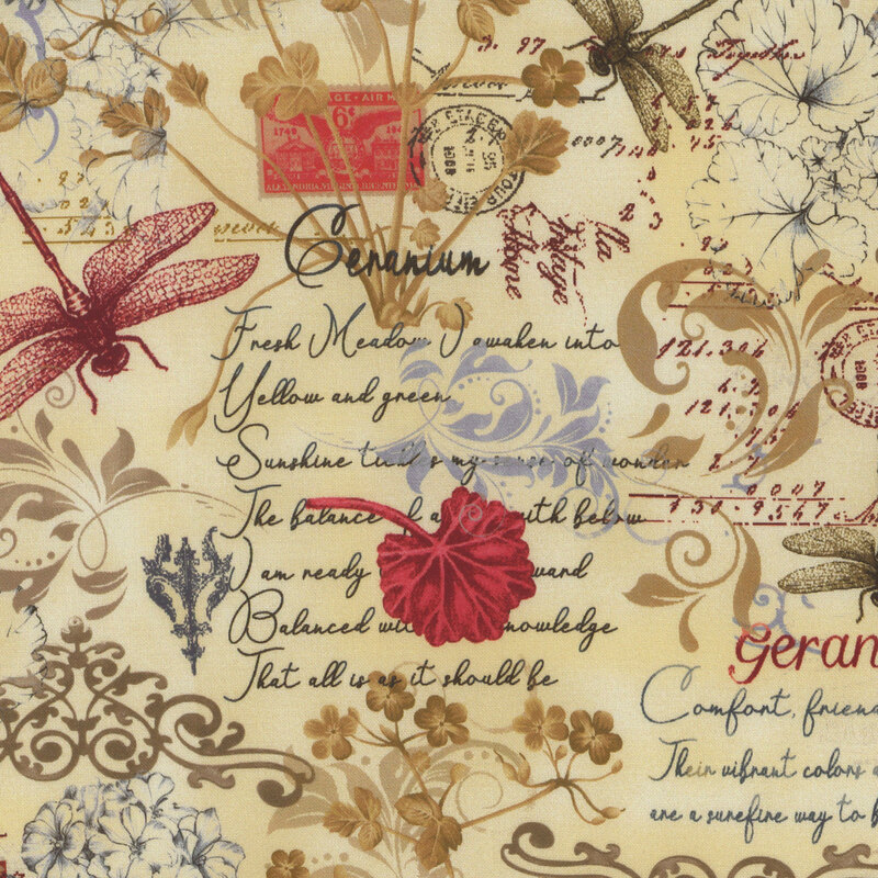 Cream fabric with scattered garden motifs of red dragonflies and geranium leaves, with ornate gold scroll detailing and flower language.