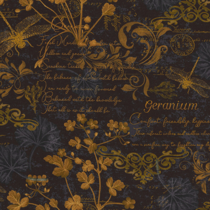 Black fabric with gold detailing of dragonflies, geranium leaves, and flower language.