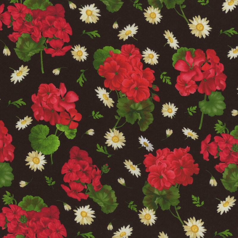 Black fabric with scattered clusters of red geranium sprigs and daisies.