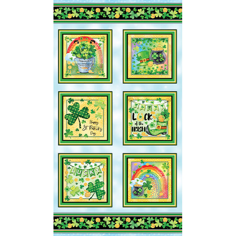 Blue panel featuring blocks of St. Patricks day designs with shamrocks, rainbows, and words.  