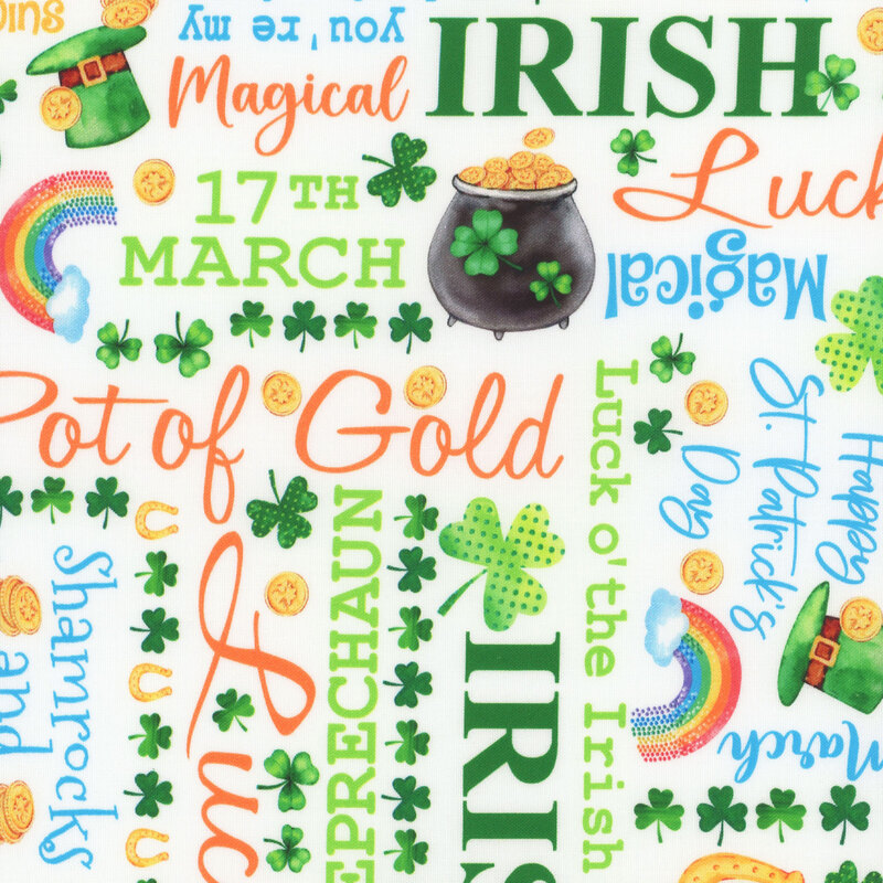 White fabric featuring St. Patricks Day motifs and sayings