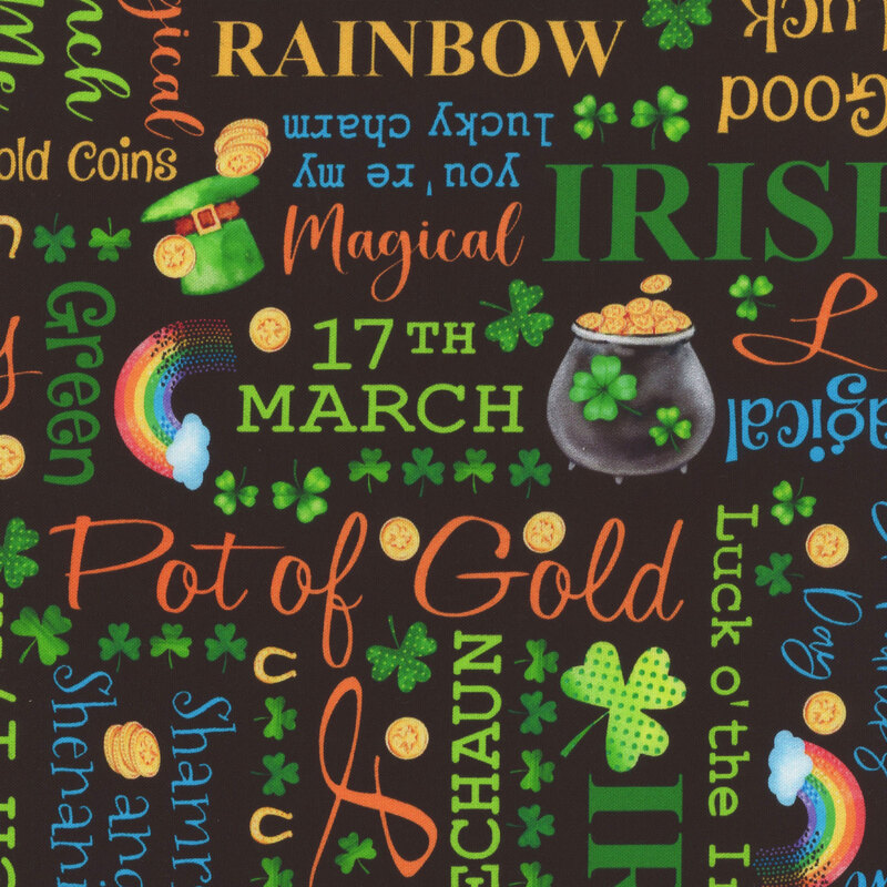 Black fabric featuring St. Patricks Day motifs and sayings