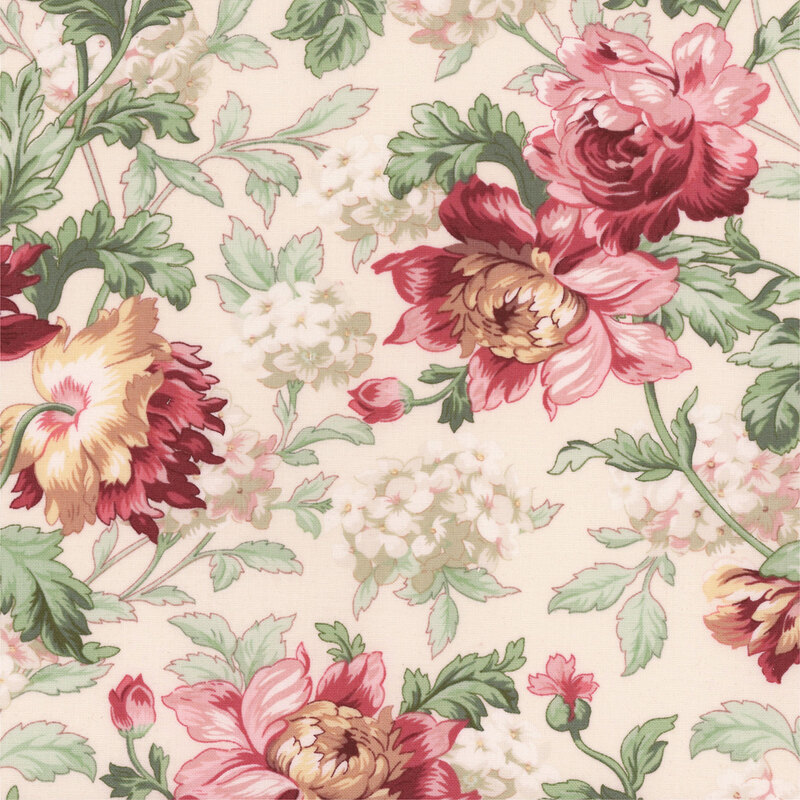 A swatch of cream fabric with large multicolored roses and long leafy stems.