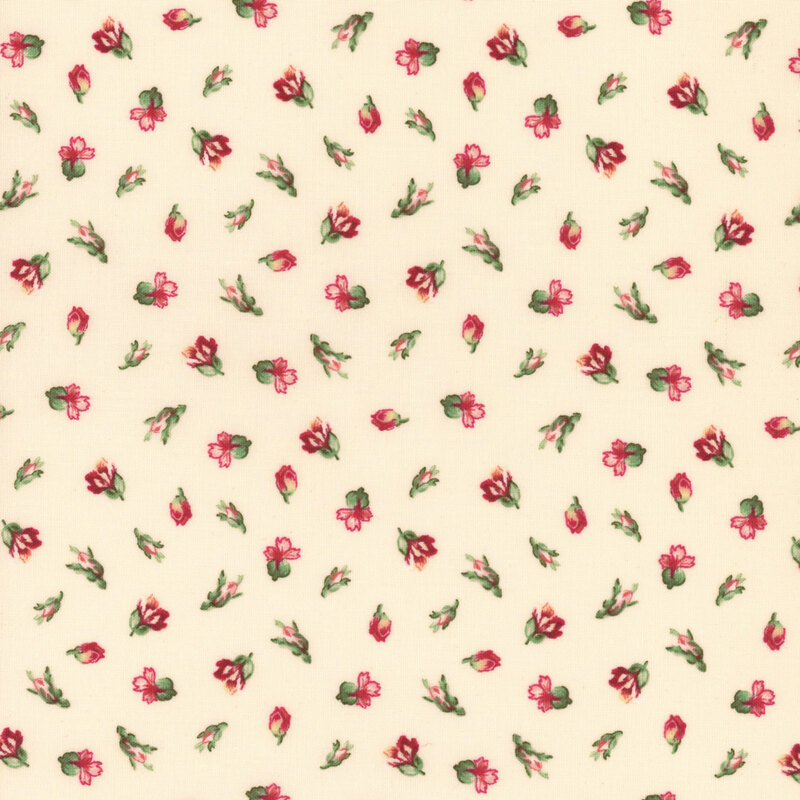 A swatch of cream fabric with tossed rosebuds in different stages of bloom.