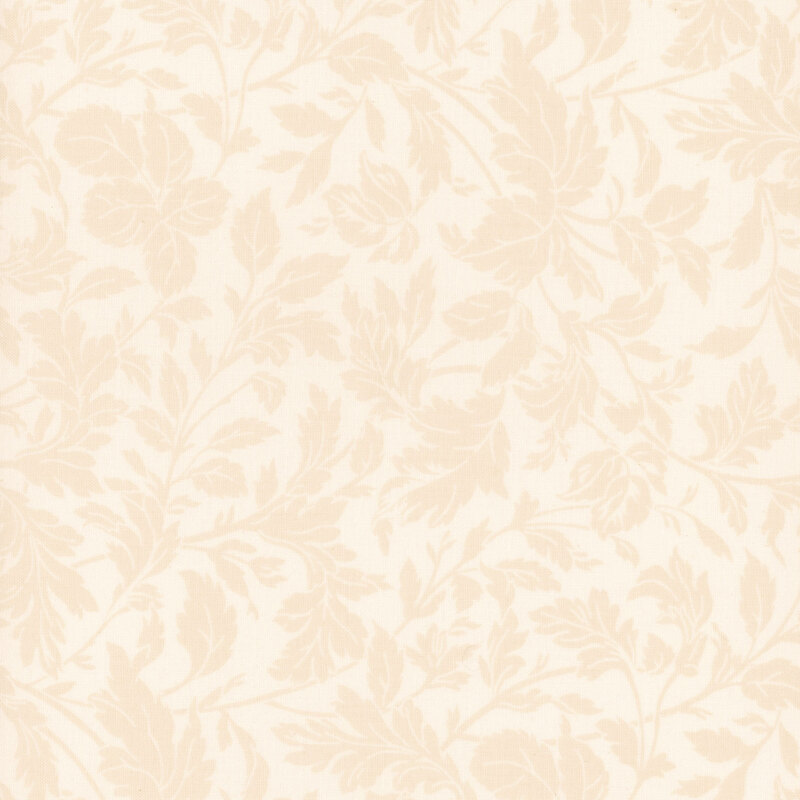 A swatch of tonal cream fabric with branching leaves and stems.