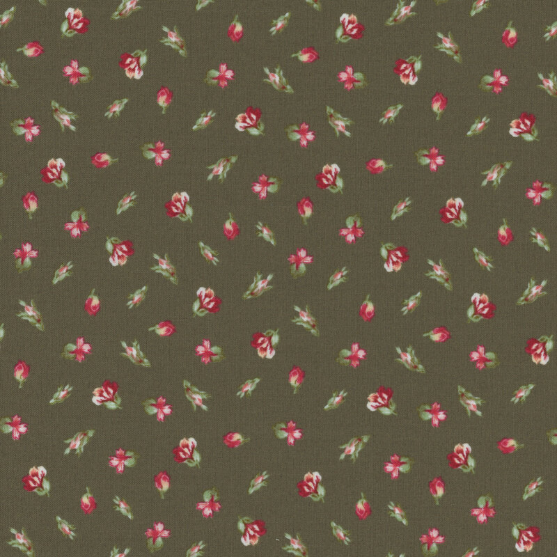 A swatch of dark green fabric with tossed rosebuds in different stages of bloom.