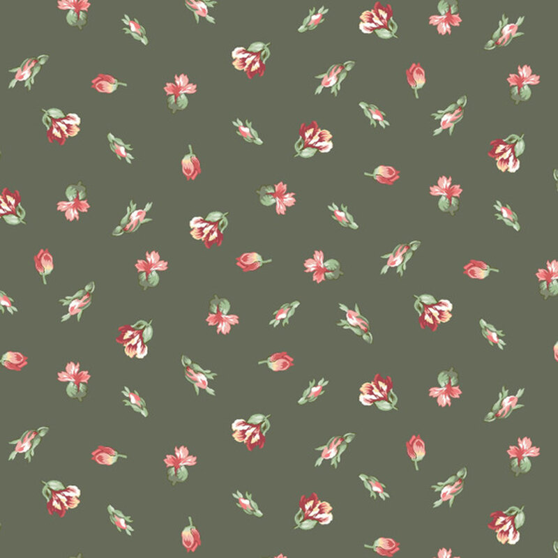 A swatch of dark green fabric with tossed rosebuds in different stages of bloom.