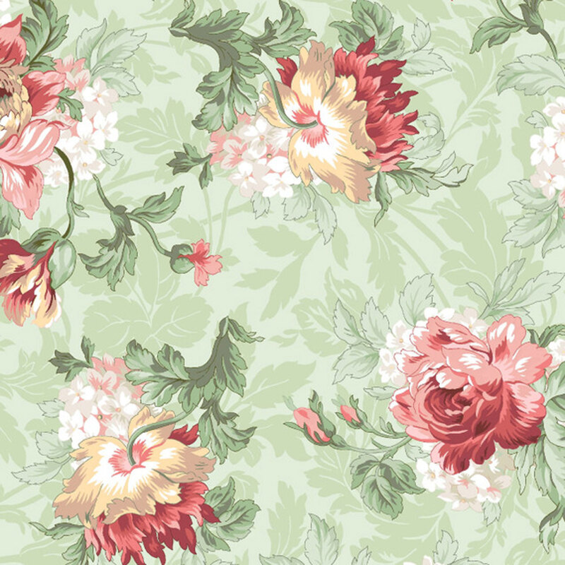 A swatch of green fabric with large multicolored roses and long leafy stems on a tonal shadowed background..