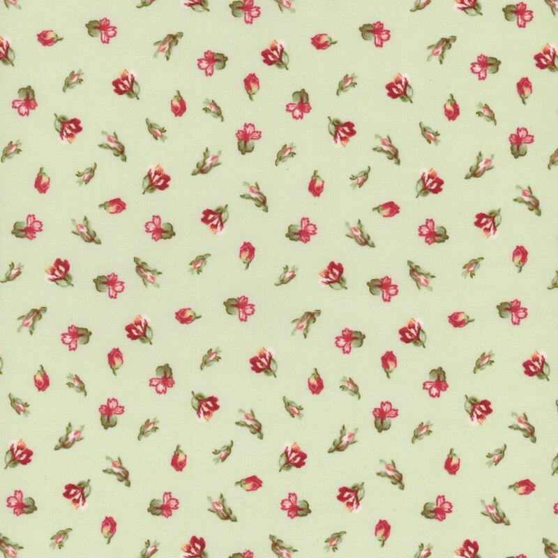 A swatch of light green fabric with tossed rosebuds in different stages of bloom.