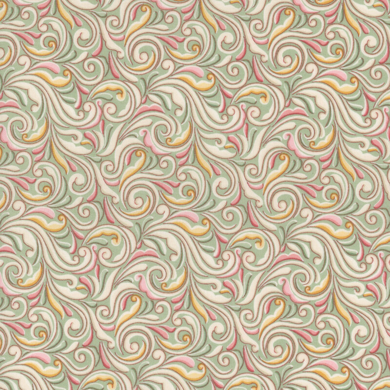 A swatch of green fabric with swirls in shades of cream, yellow, and red.