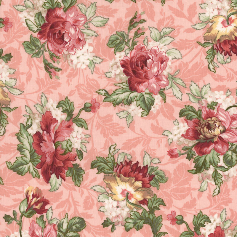 A swatch of pink fabric with large multicolored roses and long leafy stems on a tonal shadowed background.