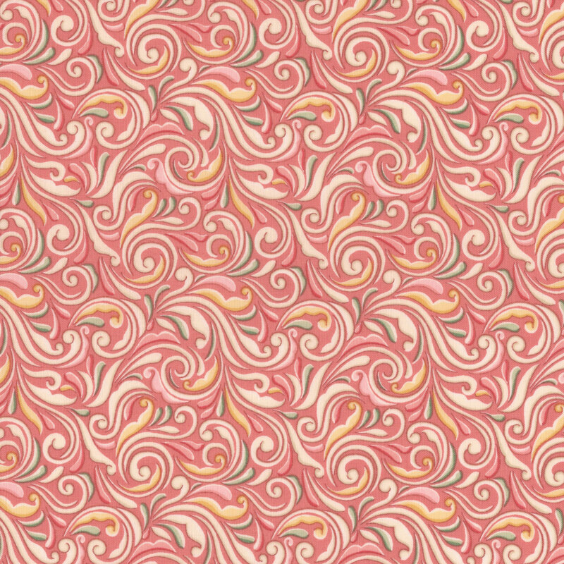 A swatch of pink fabric with swirls in shades of cream, yellow, and red.