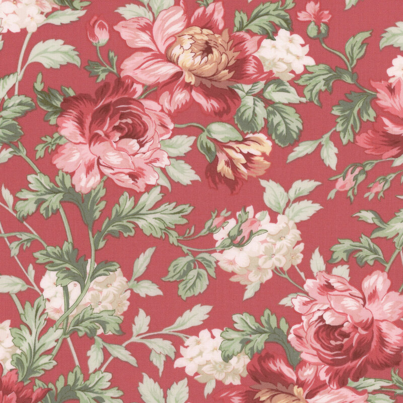 A swatch of red fabric with large multicolored roses and long leafy stems.