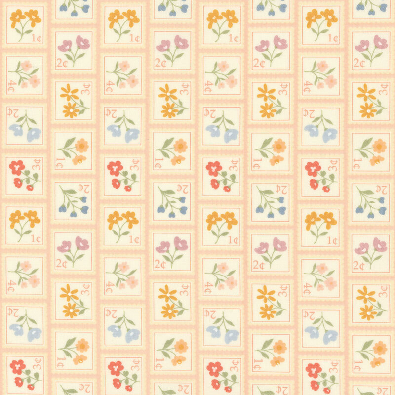 Pink fabric with rows of various stamps each with a different flower and price.