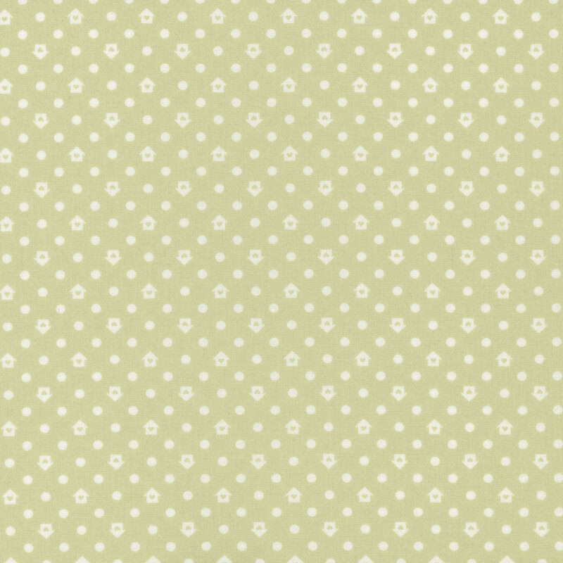 Light green fabric with a house and dot pattern