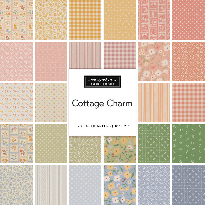 Collage of colorful pastel fabrics in the Cottage Charm FQ set