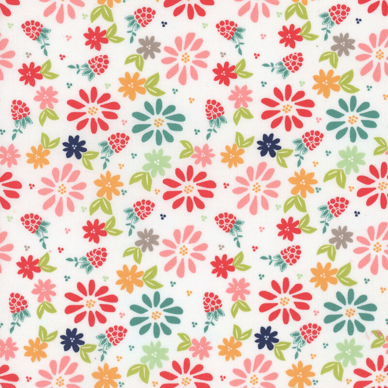 White fabric with scattered brightly colored flowers and raspberries.