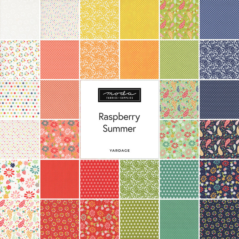 A collage of the fabrics in the Raspberry Summer fabric collection in shades of white, pink, red, yellow, orange, green, and blue.