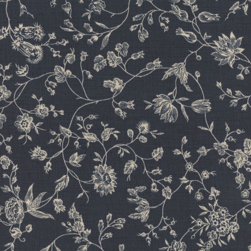 Dark blue fabric featuring delicate vines and flowers