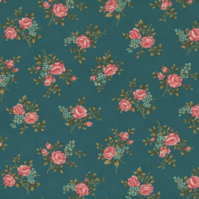 Dark blue fabric covered in pink rose floral clusters with green stems