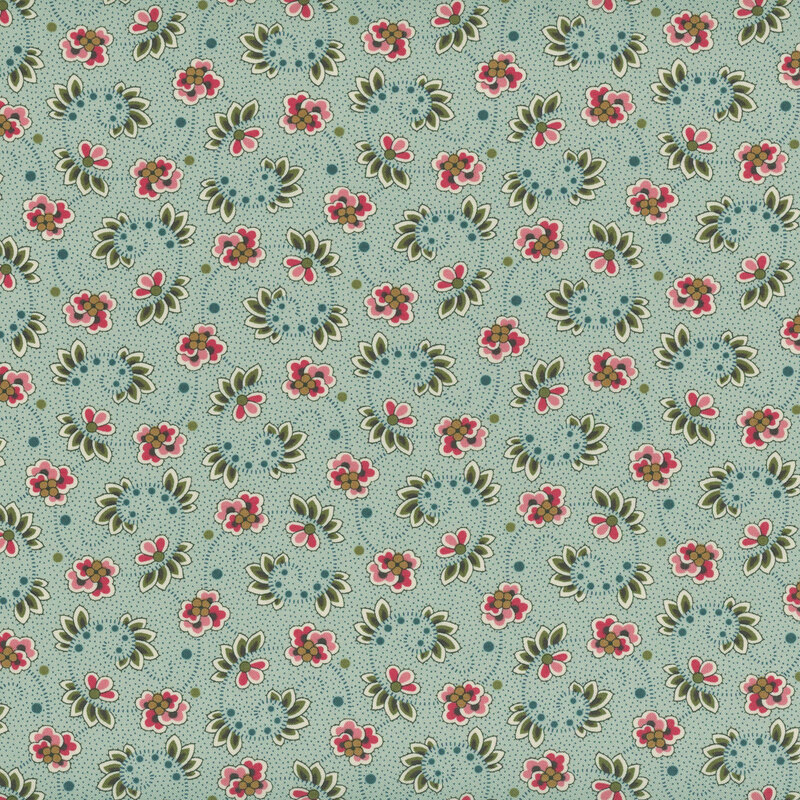 Light blue fabric with swirling dotted vines, red flowers, and green fanned leaves throughout