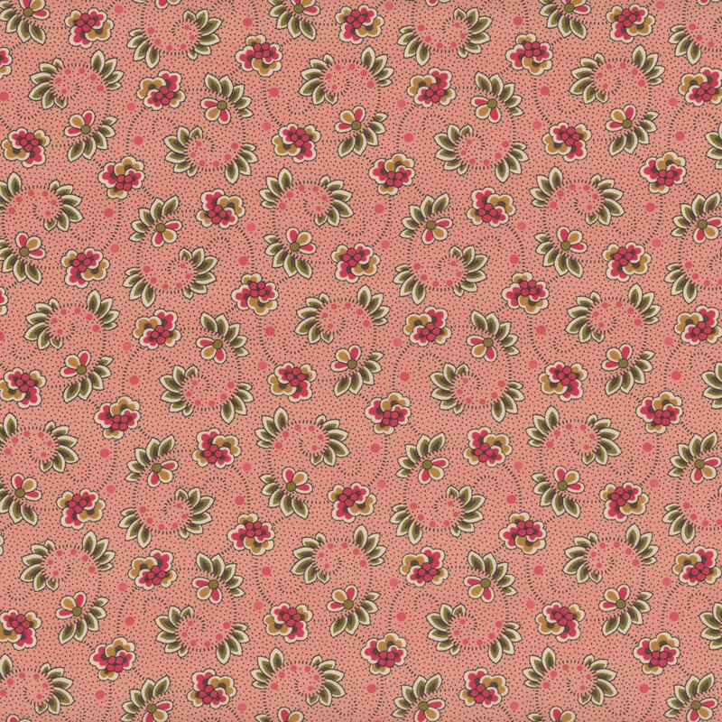 Pink fabric with swirled dotted vines with red flowers and green fanned leaves