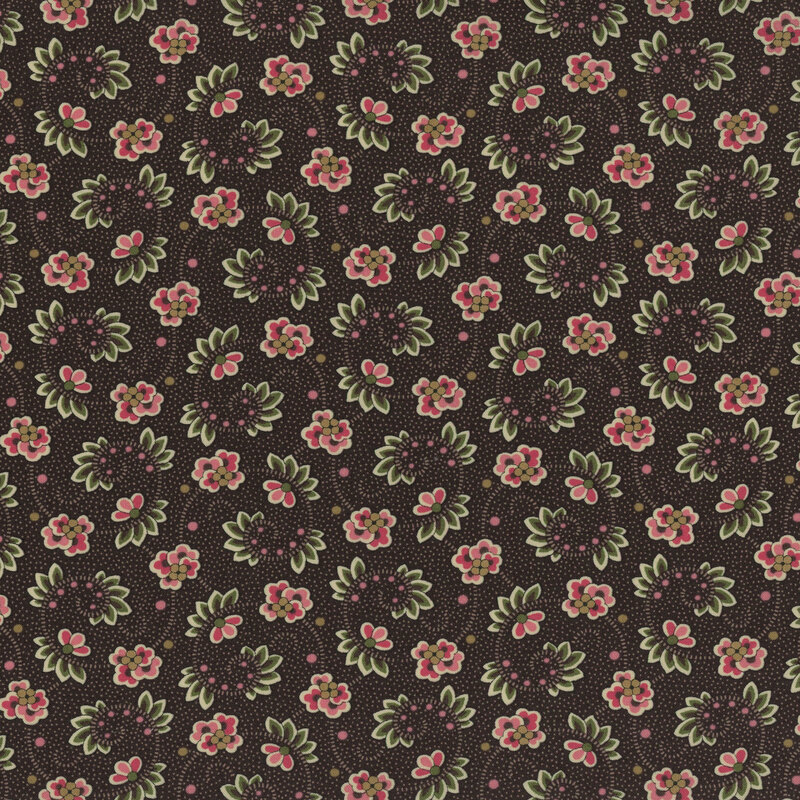 Dark brown fabric covered in red florals with green fanned leaves