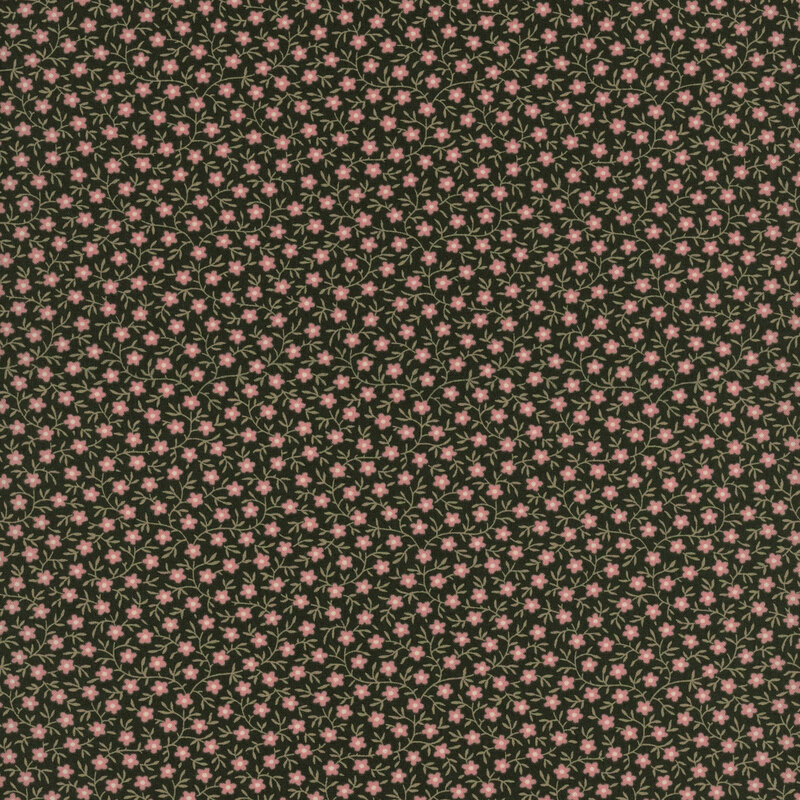 Dark brown fabric covered in tiny pink flowers with little green leaves and vines between