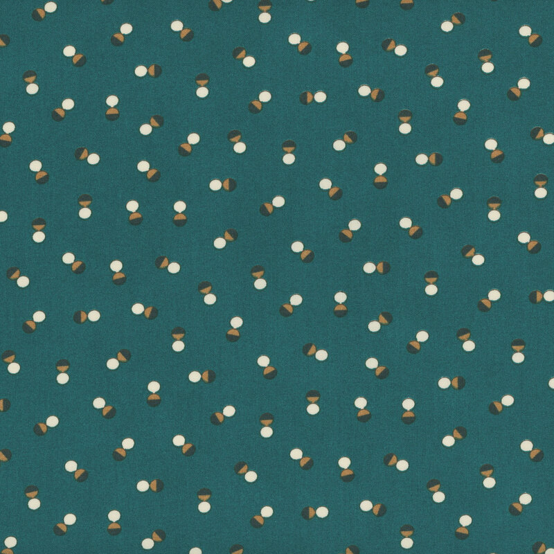 Dark tea fabric with tossed pairs of white and dark brown dots in random orientations